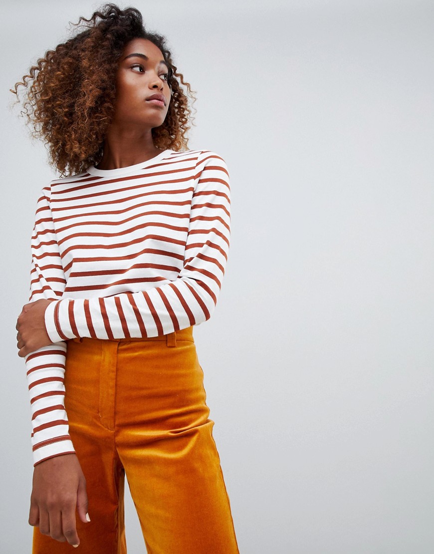 Weekday stripes long sleeve t-shirt in rust and white - Rust white stripes