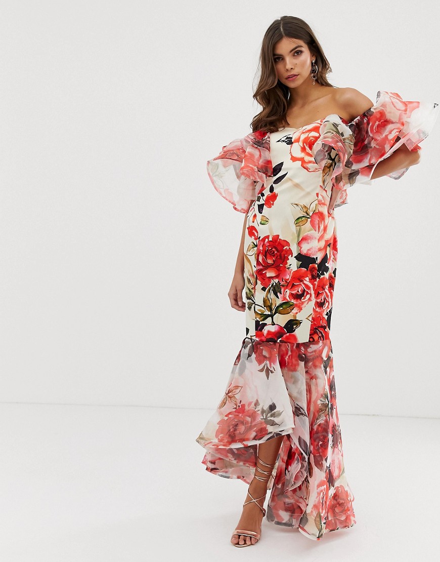 Forever Unique bardot ruffle prom maxi dress with fishtail hem in red floral print