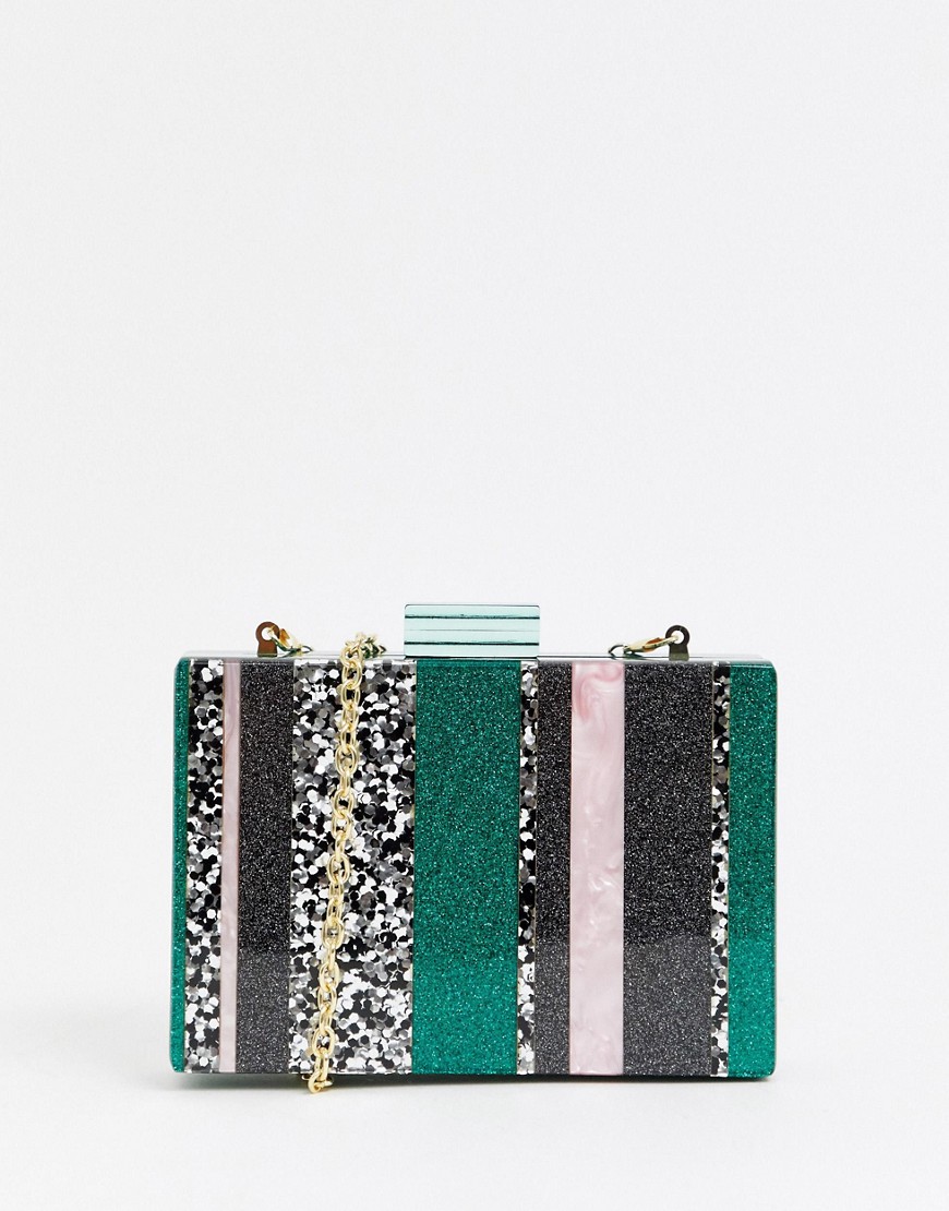 ASOS DESIGN marble boxy clutch bag in glitter colourblock