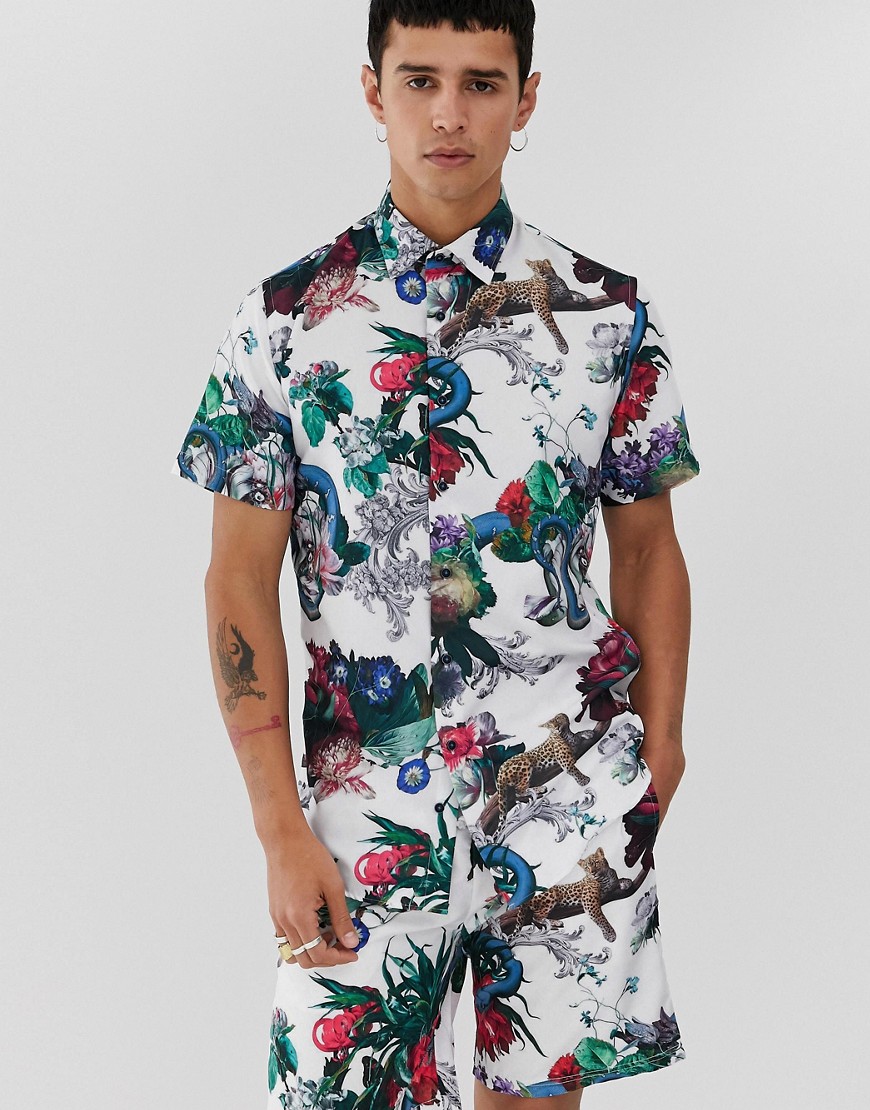 Criminal Damage co-ord shirt in white with animal print