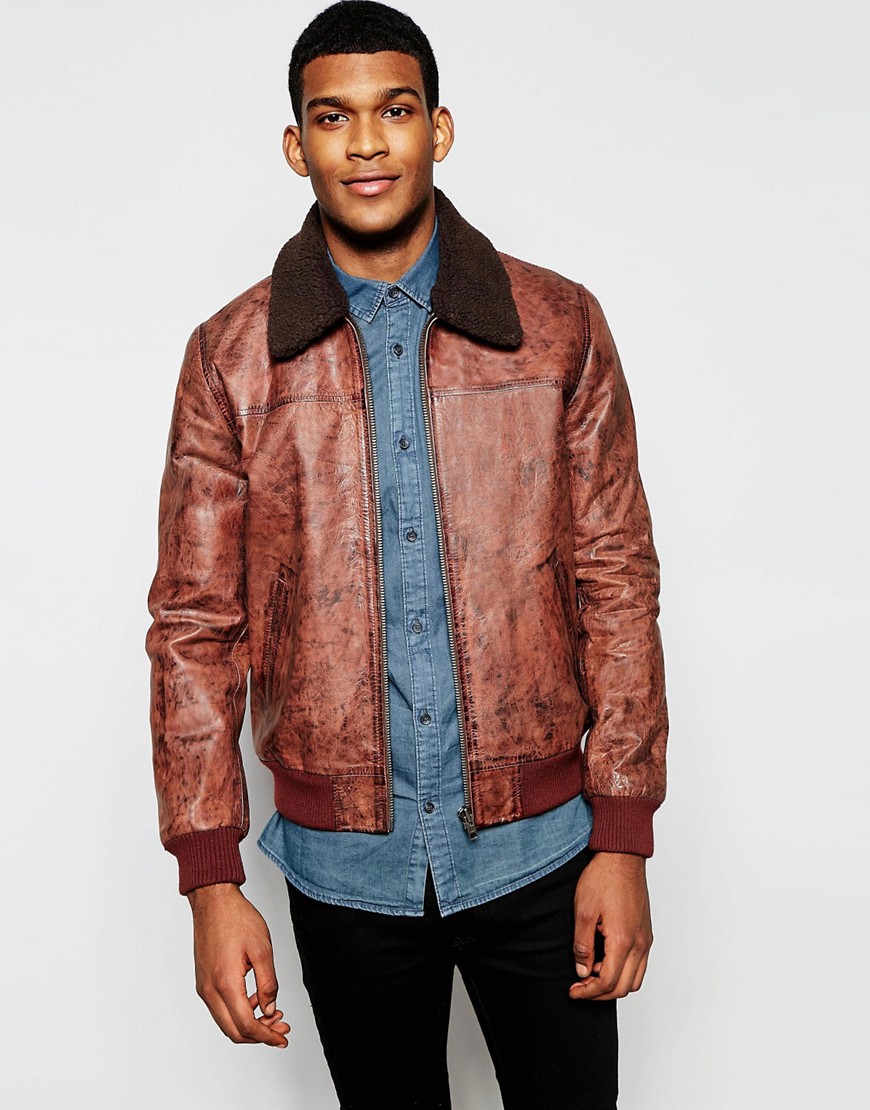 Image 1 of ASOS Leather Harrington In Vintage Wash With Removable Faux Shearling Collar