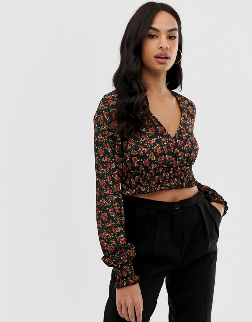 Fashion Union long sleeved cropped blouse with shirring detail
