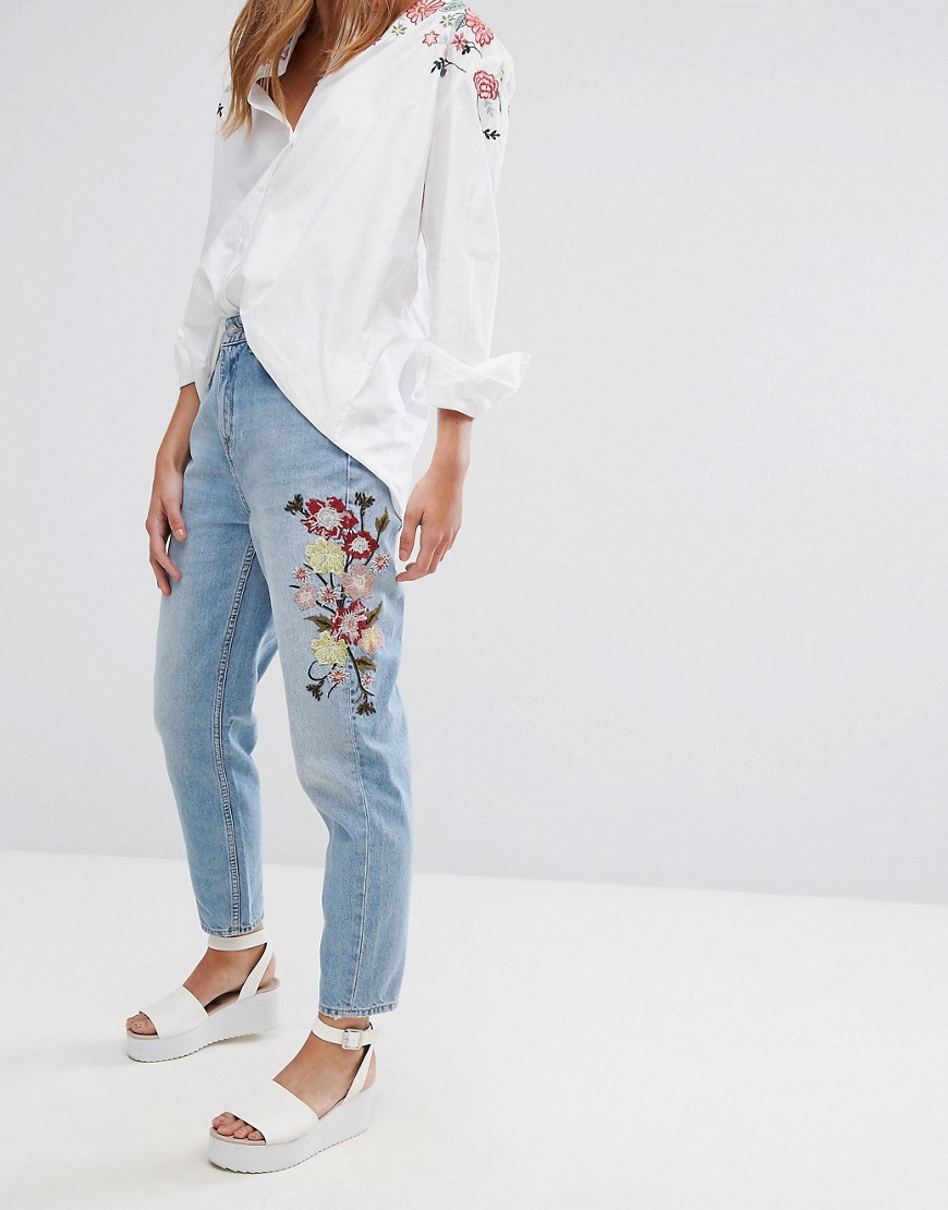 Pimkie Floral Embroidered Mom Jeans - Blue