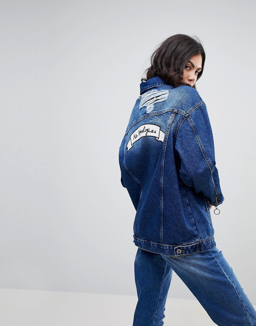 Kubban Zip Front Denim Jacket with No Apologies Back Patch