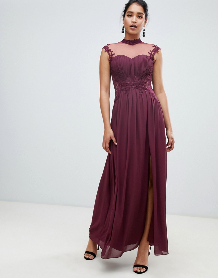 Little Mistress high neck chiffon maxi dress with lace back and delicate floral applique detail