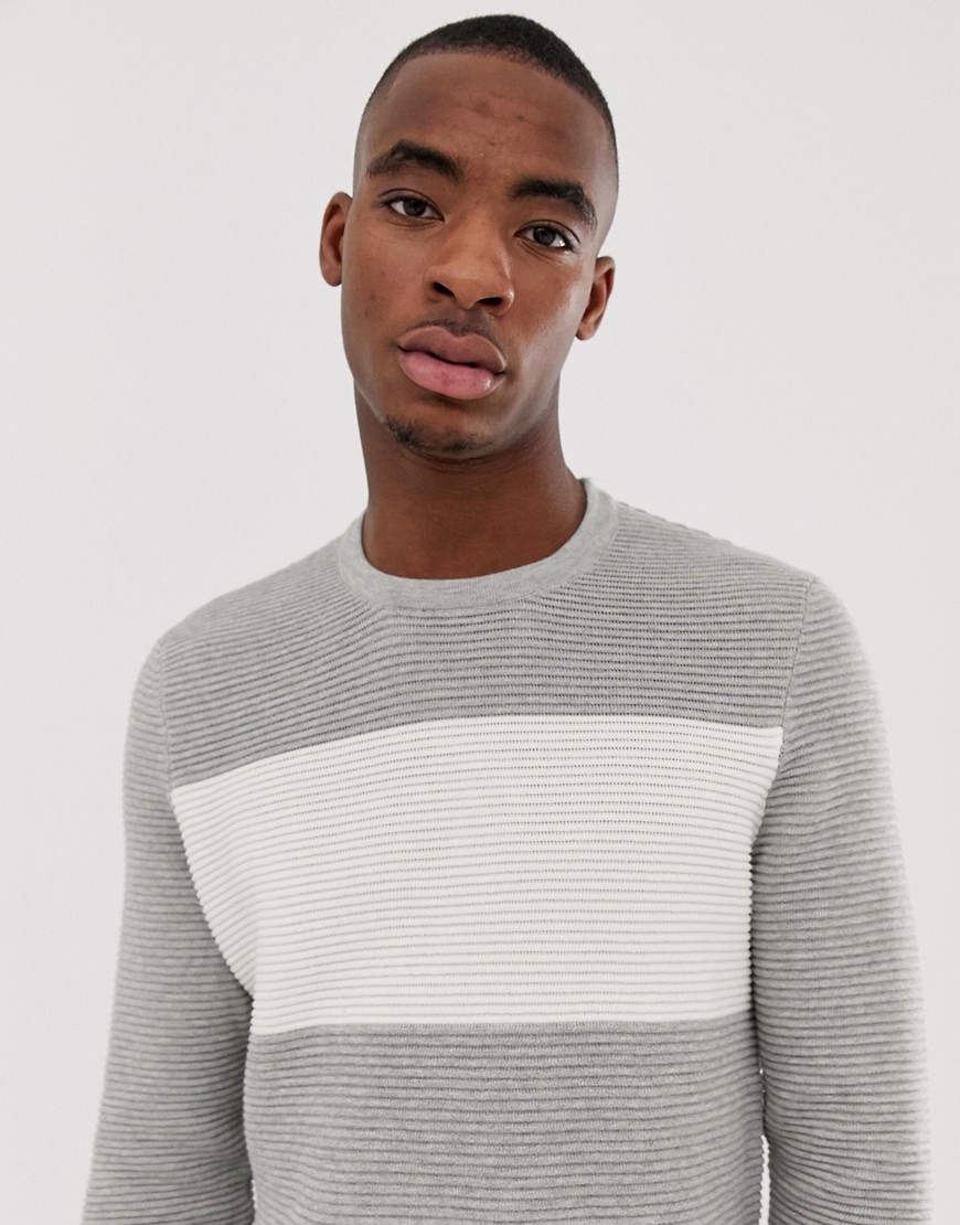 Bershka knitted jumper in light grey with white colour block