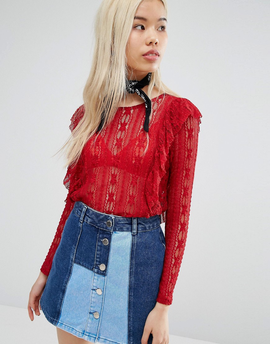 STYLENANDA Lace Top With Frill Panels - Red