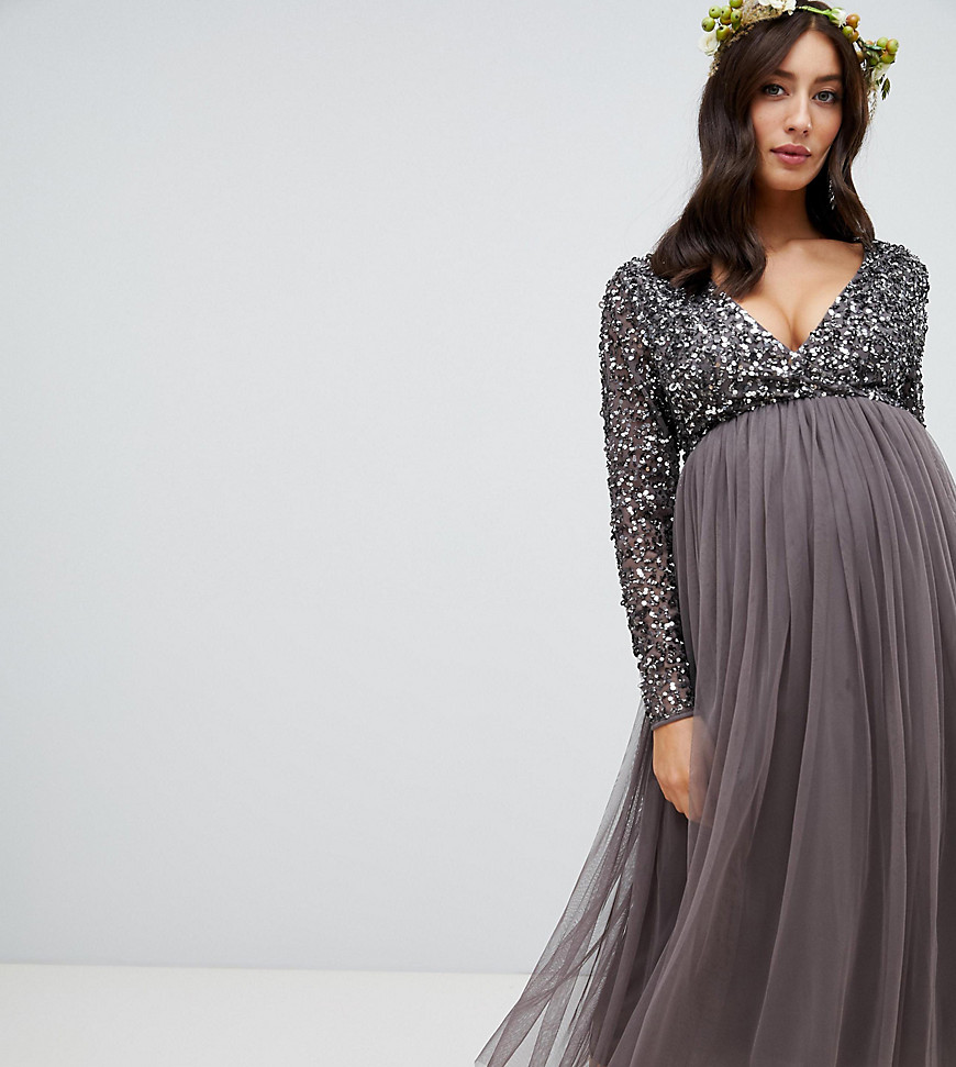 Maya Maternity long sleeve wrap front midi dress with delicate sequin and tulle skirt in charcoal