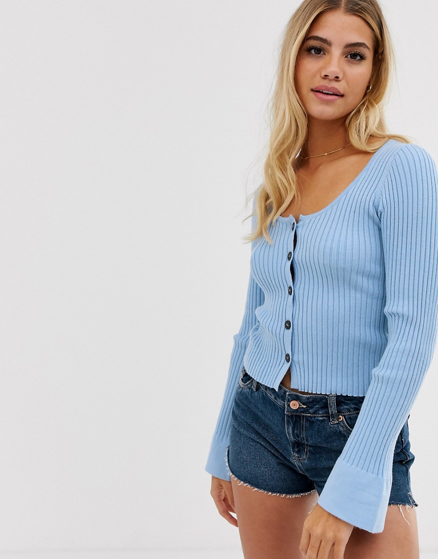 Asos Design Scoop Neck Cardigan In Skinny Rib With Buttons-blue