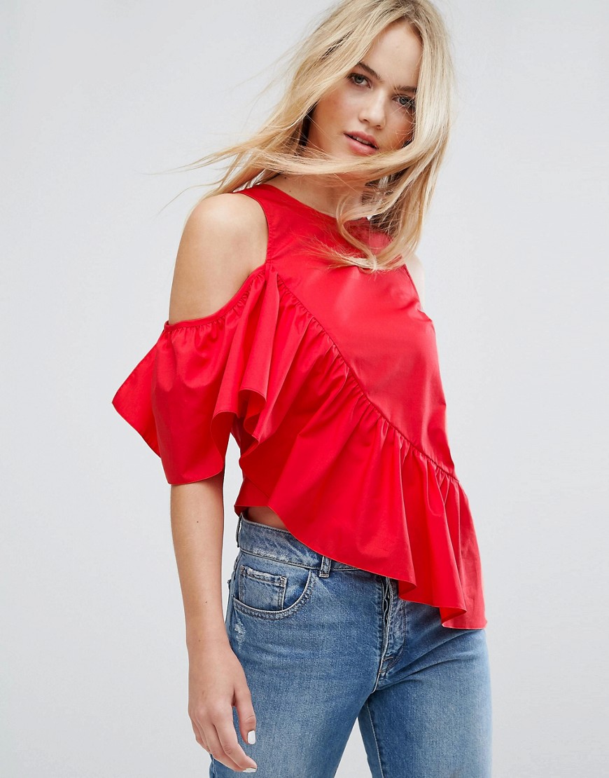 Miss Selfridge Ruffle Cold Shoulder Top - Red special