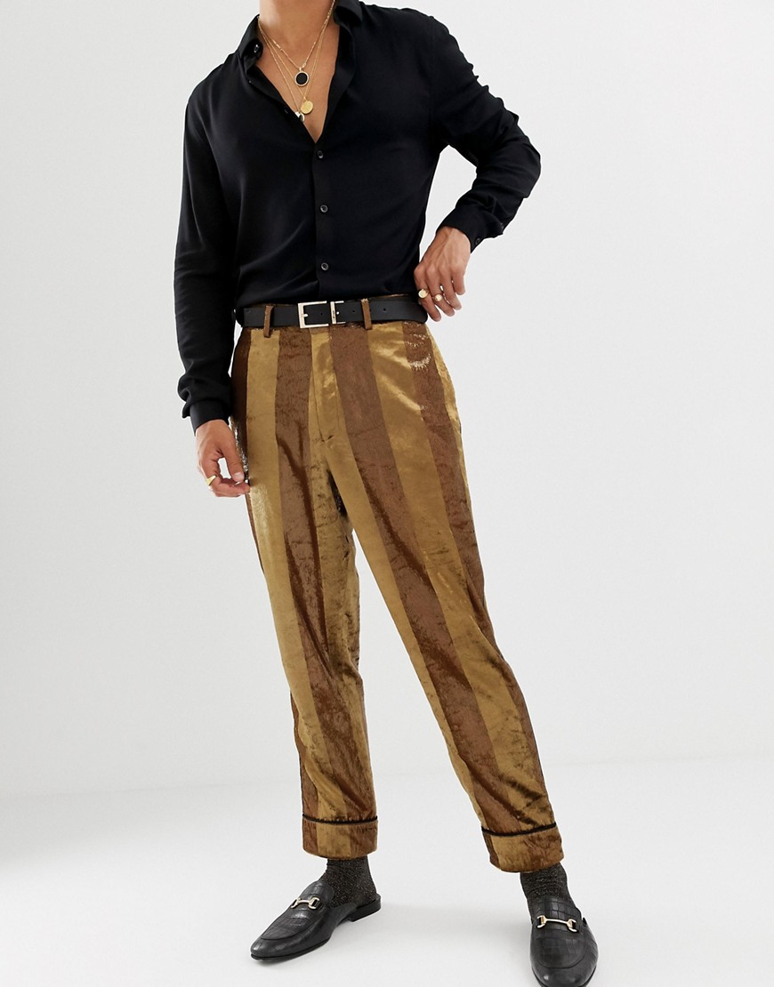 ASOS DESIGN tapered suit trousers in tonal velvet mustard stripe