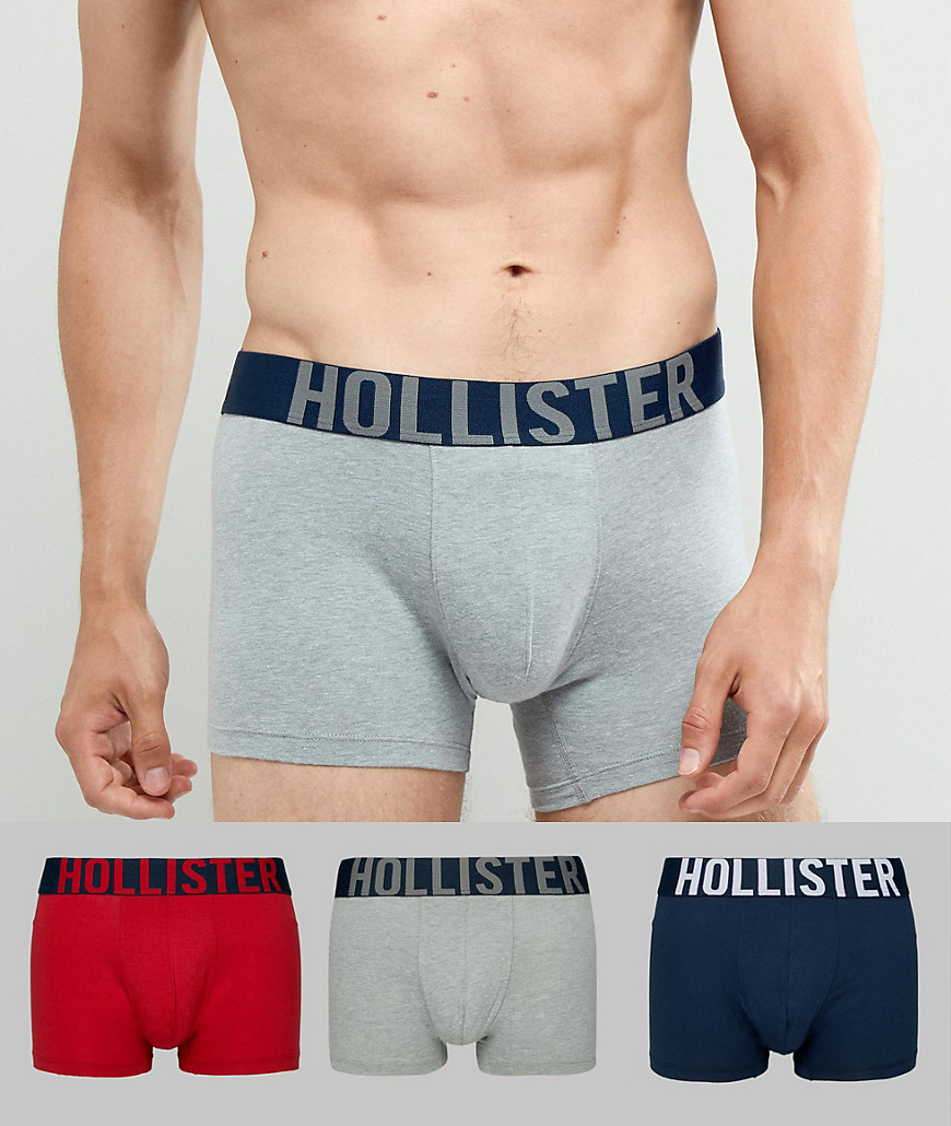 Hollister 3 Pack Basic Trunks With Logo Waistband in Grey/Red/Navy - Grey/red/navy