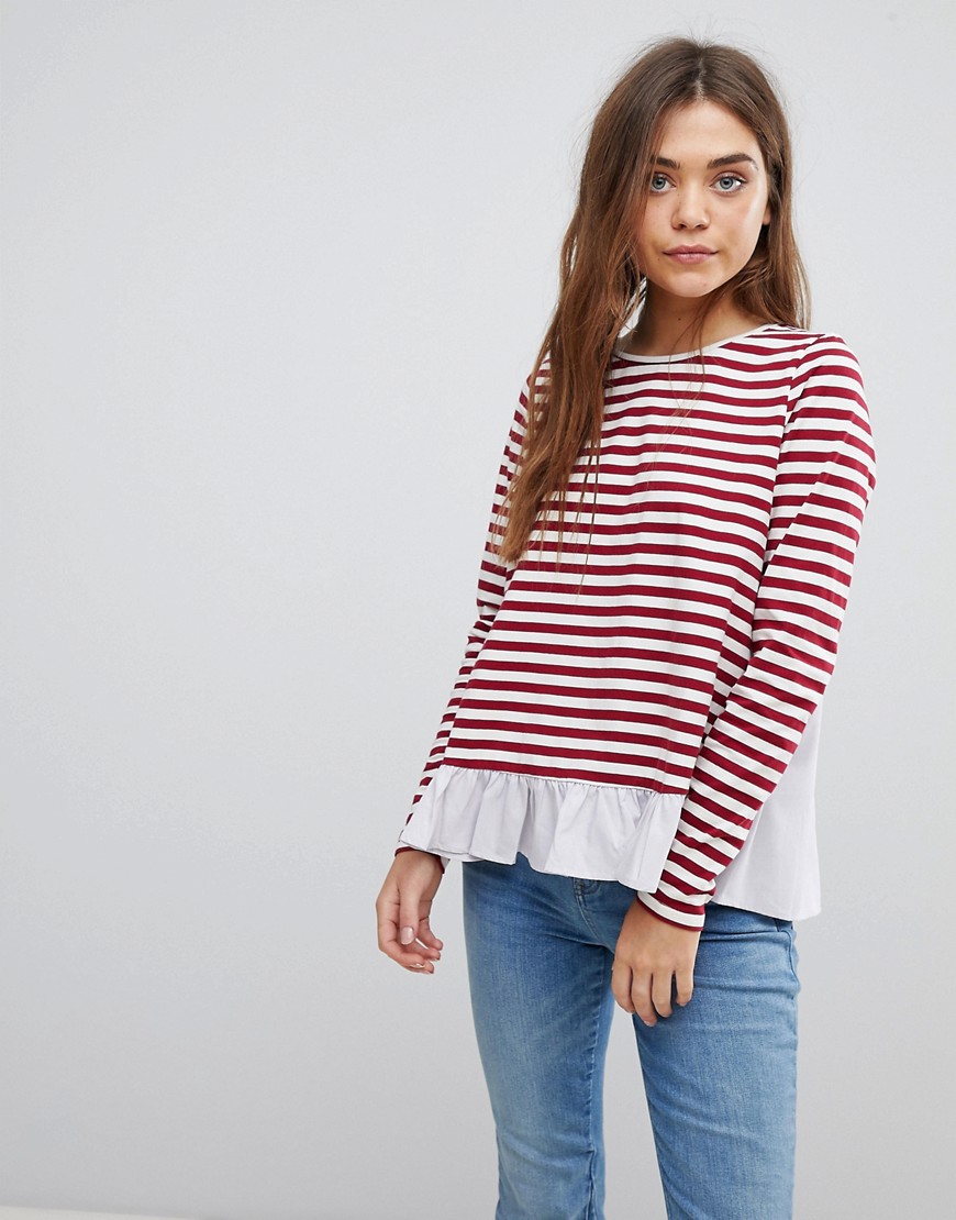 AFTER MARKET STRIPE LONG SLEEVE T-SHIRT WITH FRILL HEM - RED,A1386T7F
