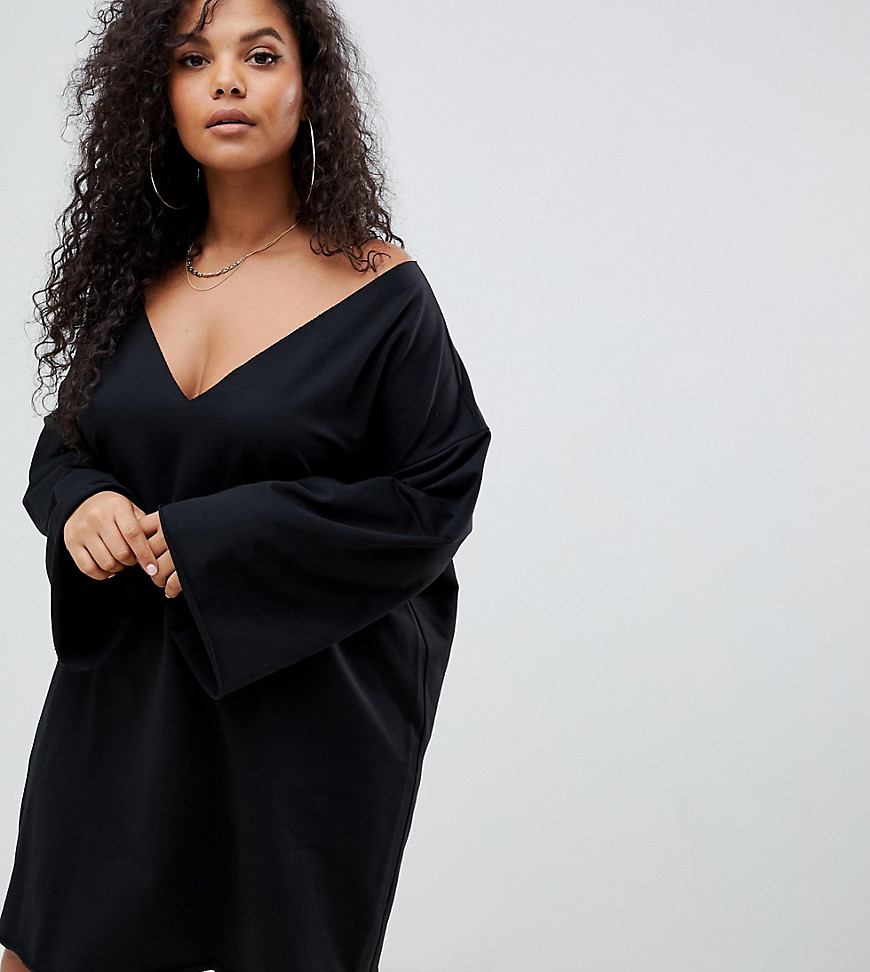 ASOS DESIGN Curve v front and back raw edged sweat dress in black