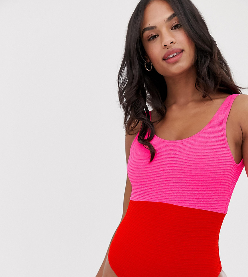 New Look colour block shirred swimsuit in bright red