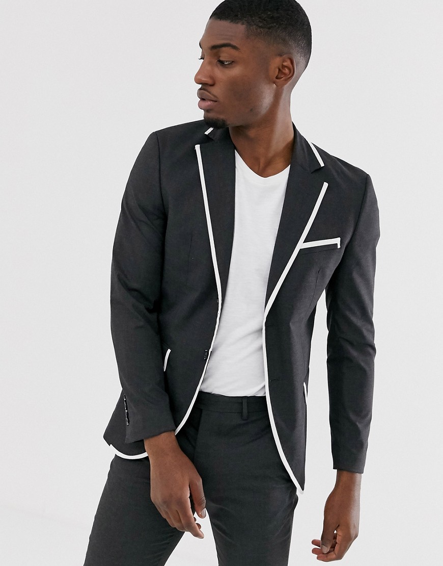 Jack & Jones Premium skinny fit tipped suit jacket in grey