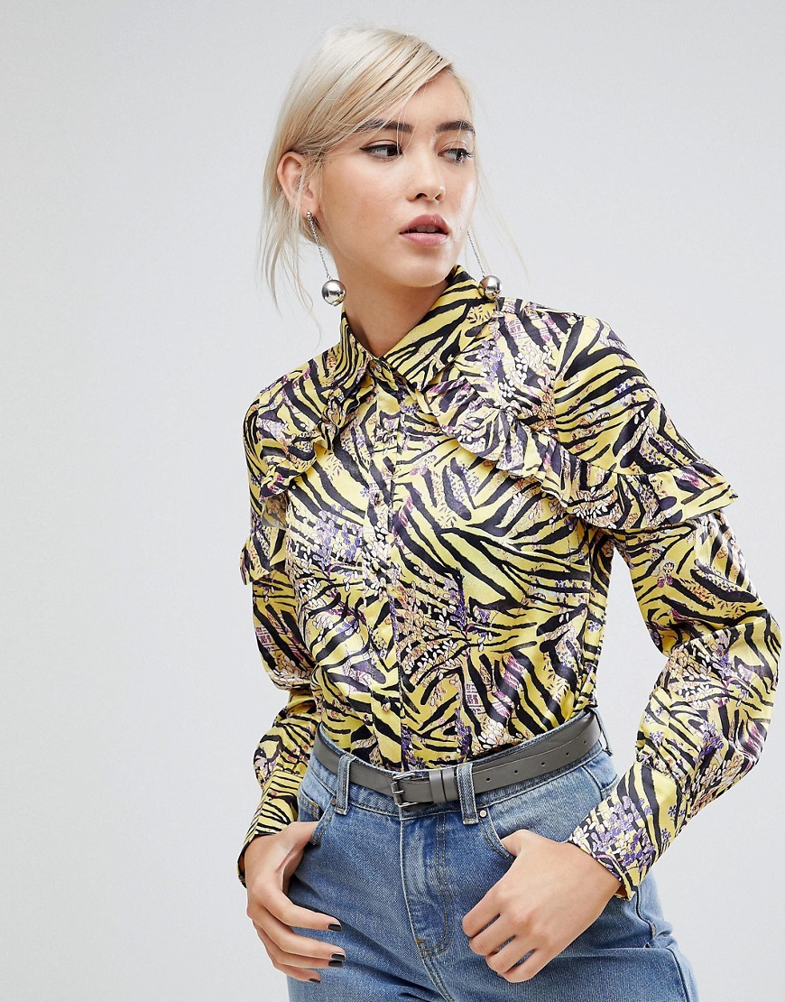 Lost Ink Blouse With Ruffle Trim In Abstract Zebra Print
