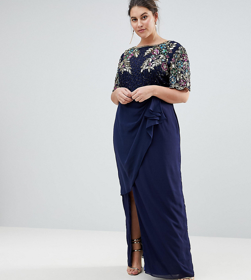 Virgos Lounge Plus Ariann Embellished Maxi Dress With Frill Wrap Skirt - Navy