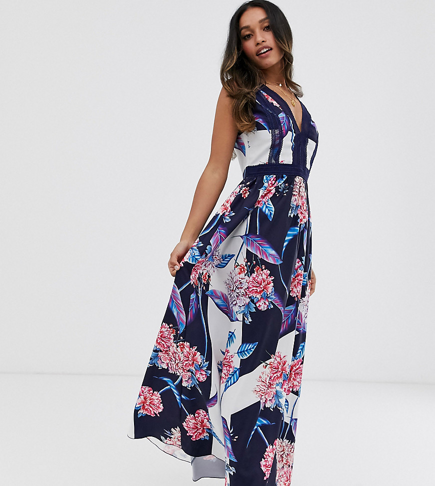 Little Mistress Petite all over floral printed plunge front maxi dress in multi