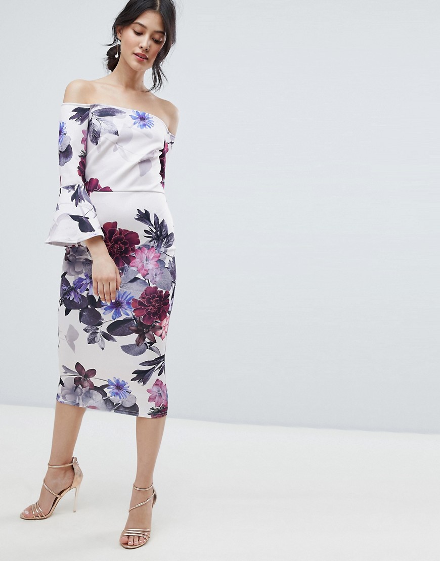 True Violet bardot midi dress with frill sleeve in foral print