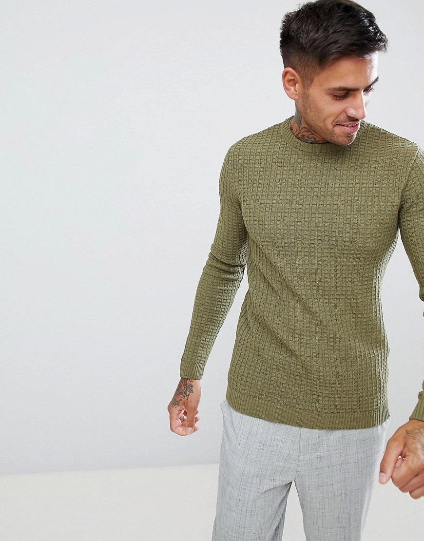 Asos Design Muscle Fit Textured Crew Neck Sweater In Khaki-green