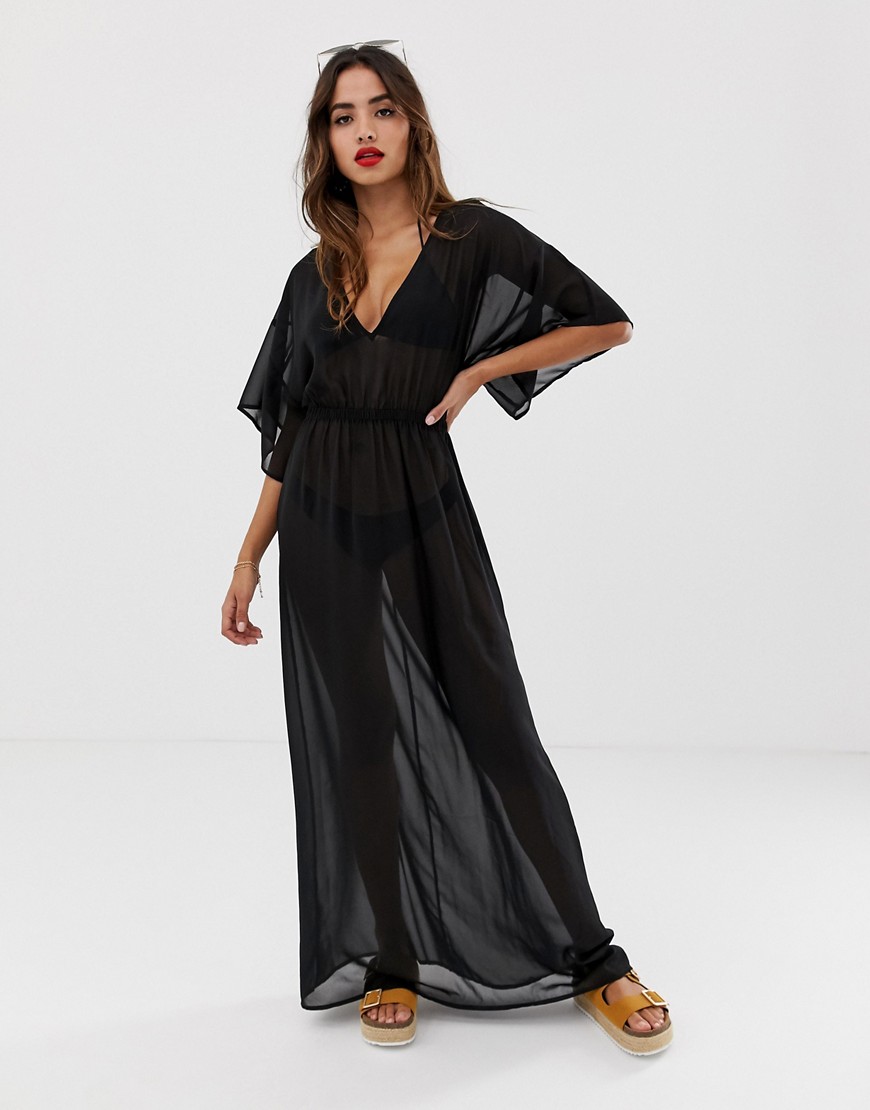 ASOS DESIGN kimono sleeve tie back chiffon maxi beach dress in black