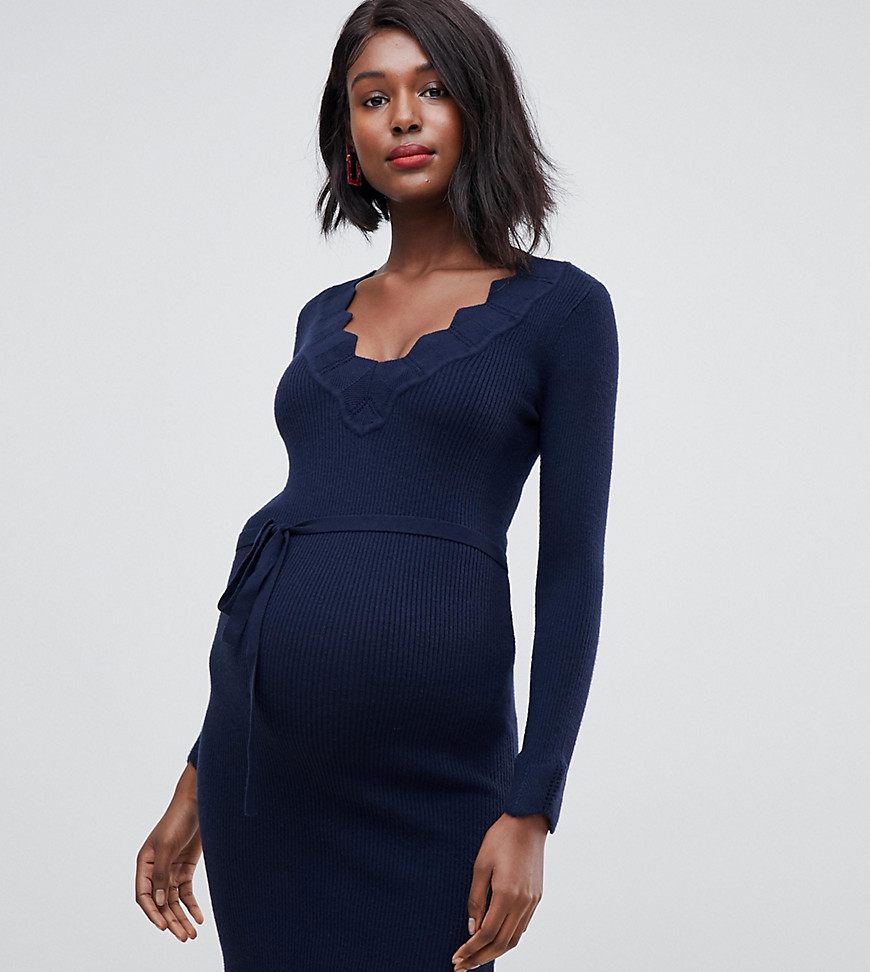 Mamalicious maternity lace detail v neck knitted mini dress in navy