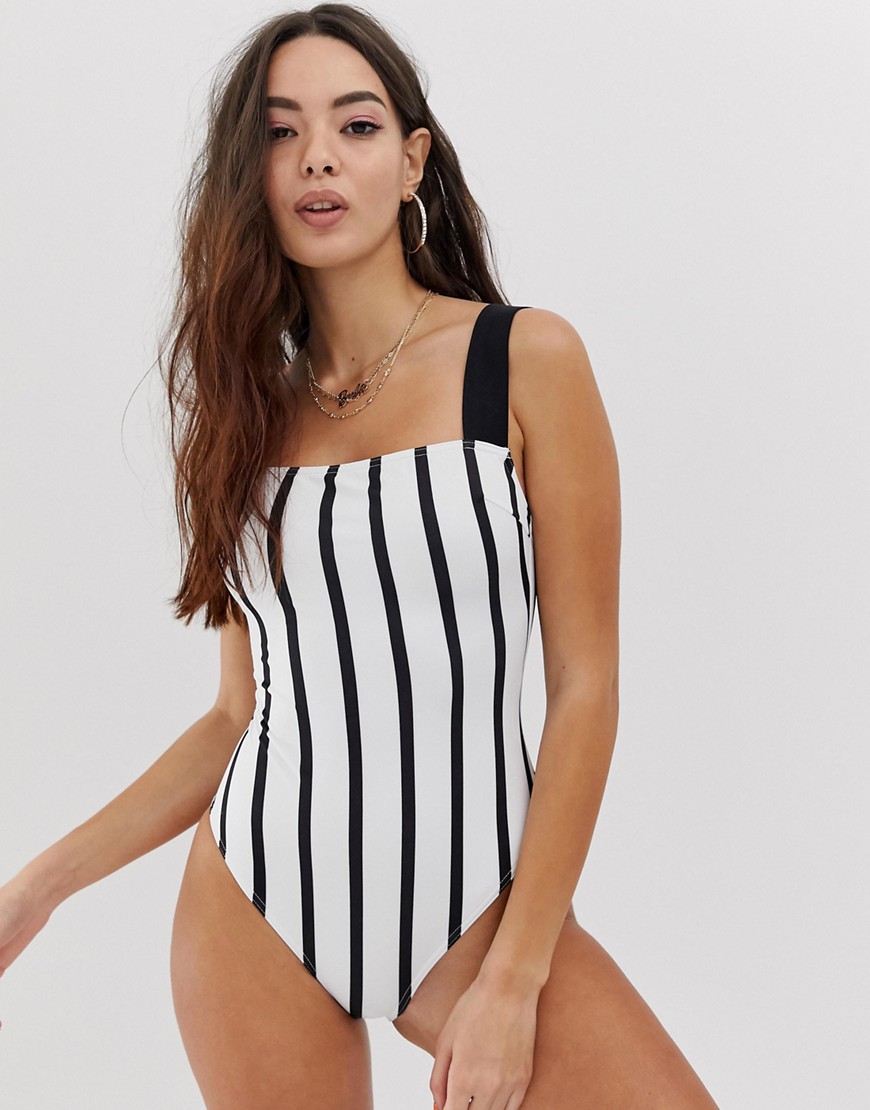 ASOS DESIGN recycled square neck swimsuit in mono stripe print