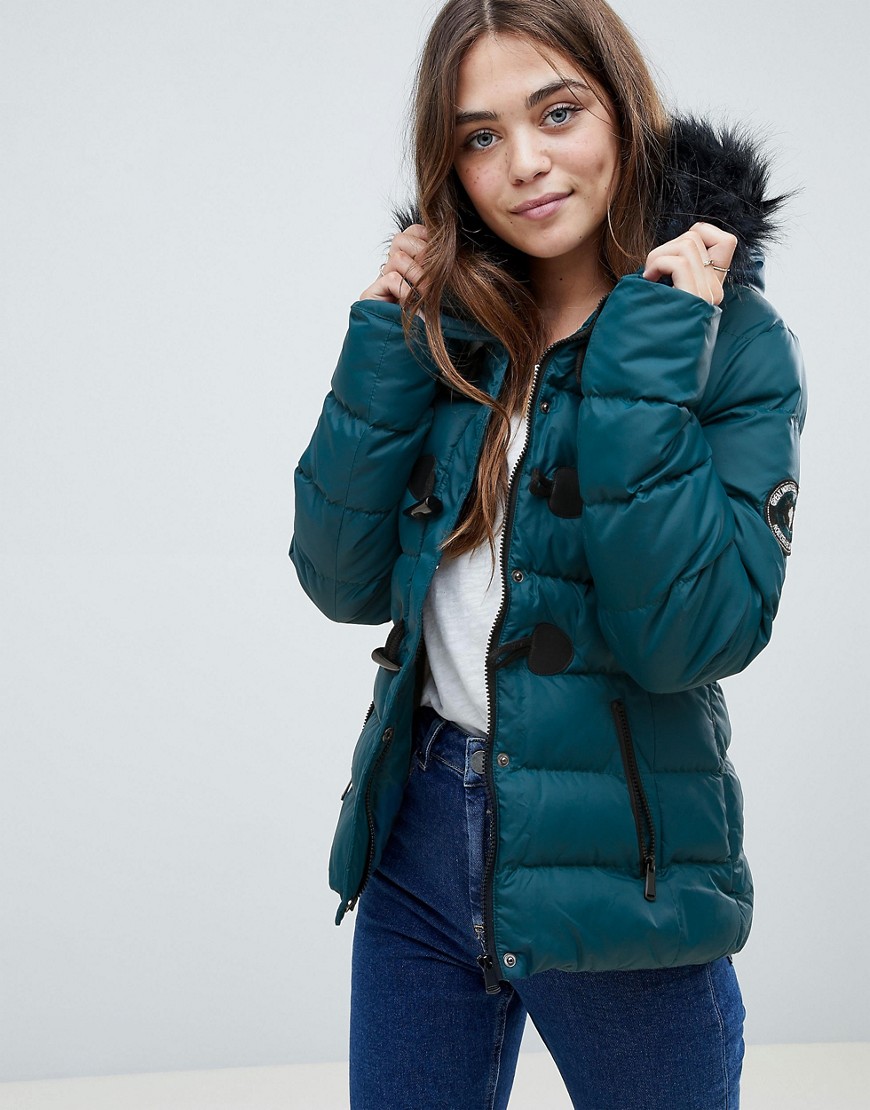 Brave Soul Wizard Short Padded Coat with Faux Fur Hood - Teal