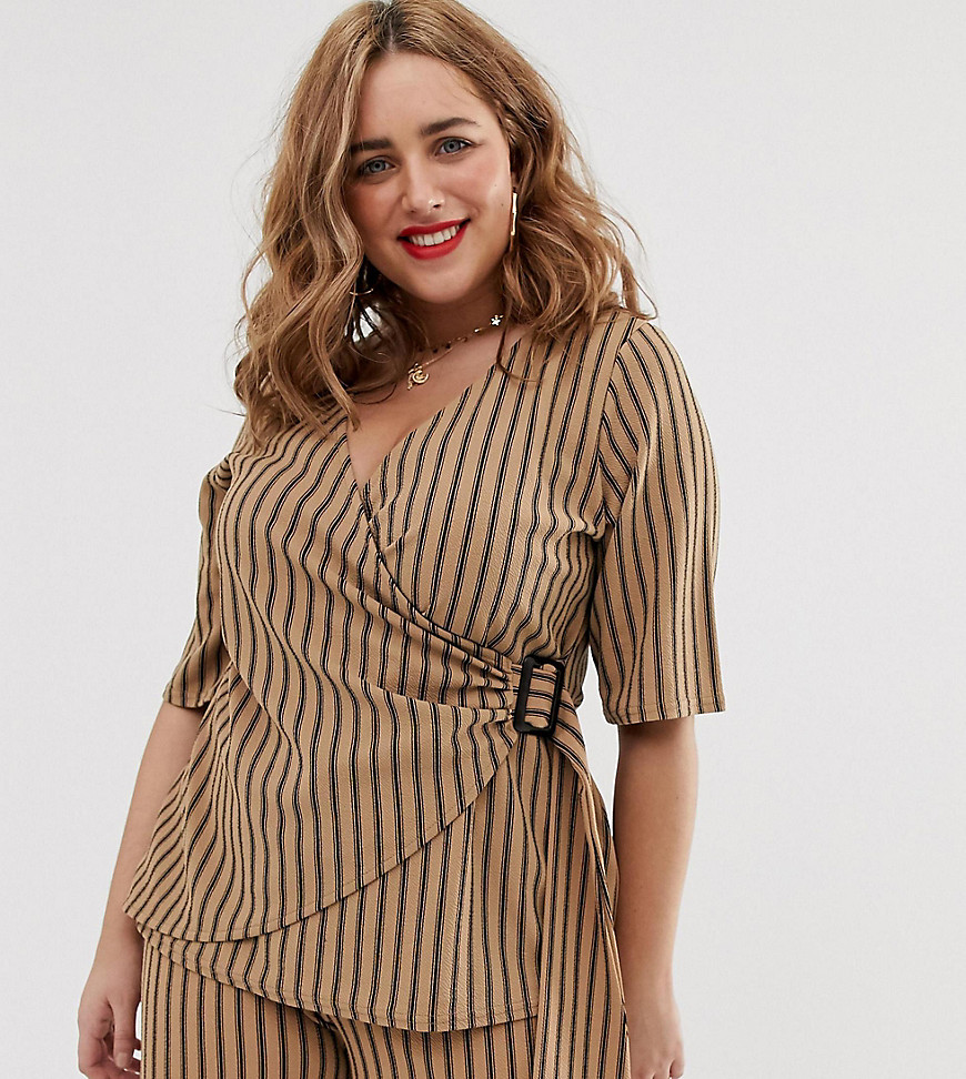 Simply Be wrap top co-ord with buckle detail in camel stripe