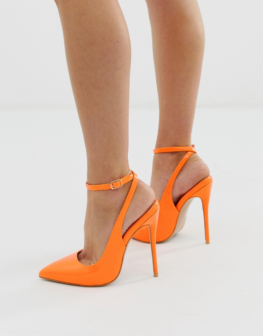 Simmi London Sure neon orange ankle strap court shoes