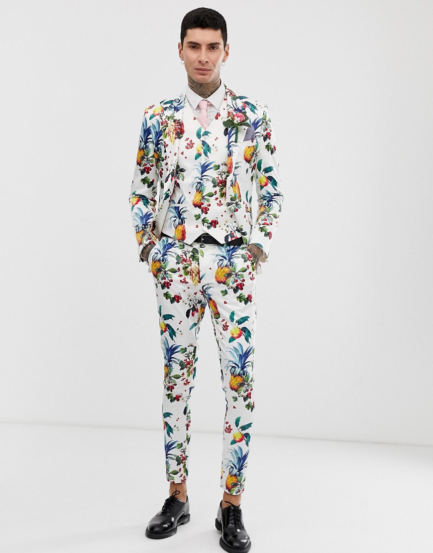 ASOS DESIGN wedding super skinny suit trousers with all over fruit floral print