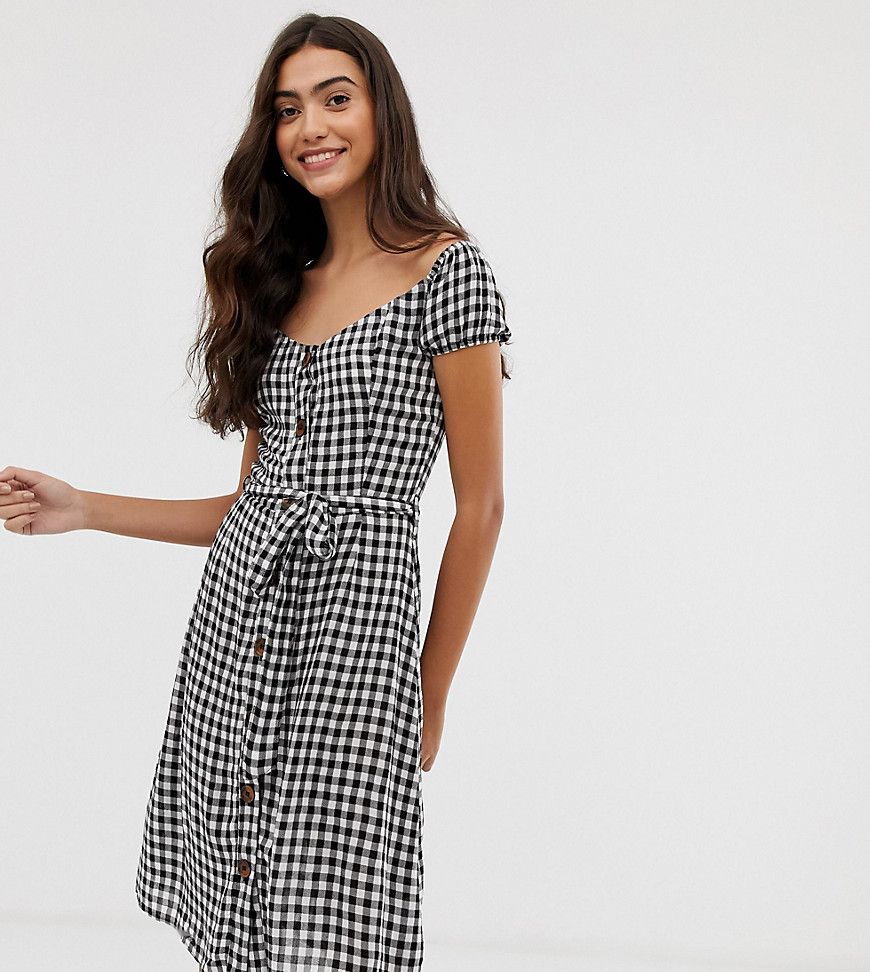 Brave Soul Tall off shoulder midi dress in gingham with button front