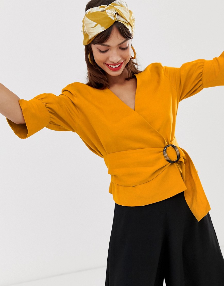 & Other Stories belted linen blend blouse in mustard