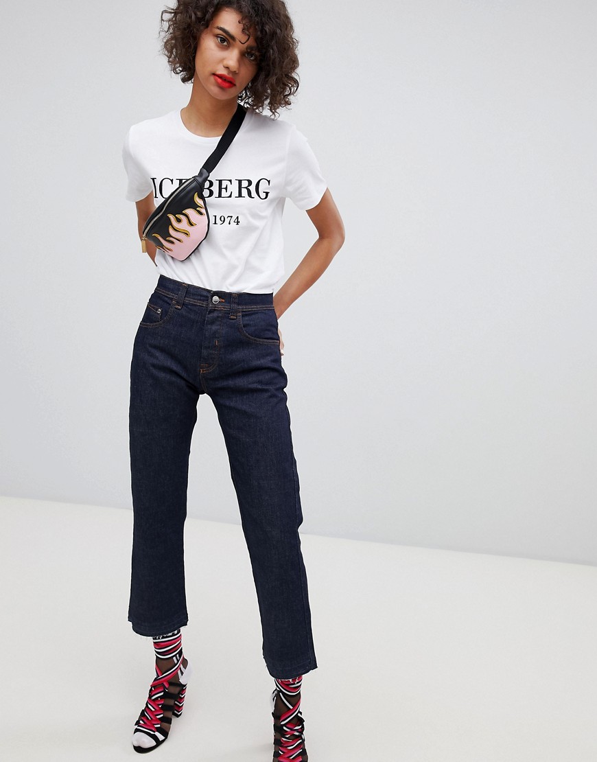 Iceberg Straight Leg Crop Jeans With Floral Applique