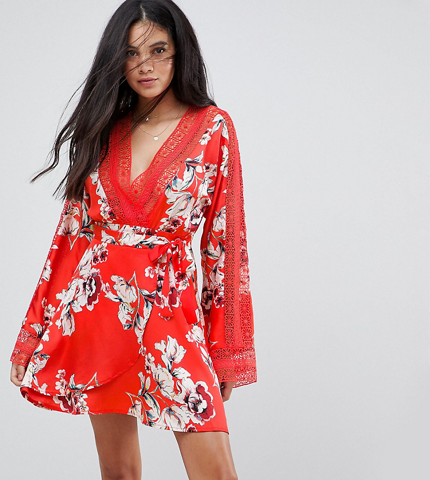 Kiss The Sky Tall Wrap Front Tea Dress In Floral - Red multi