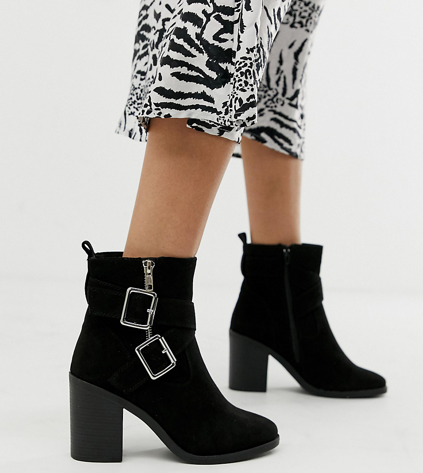 New Look wide fit cross strap block heeled boot in black