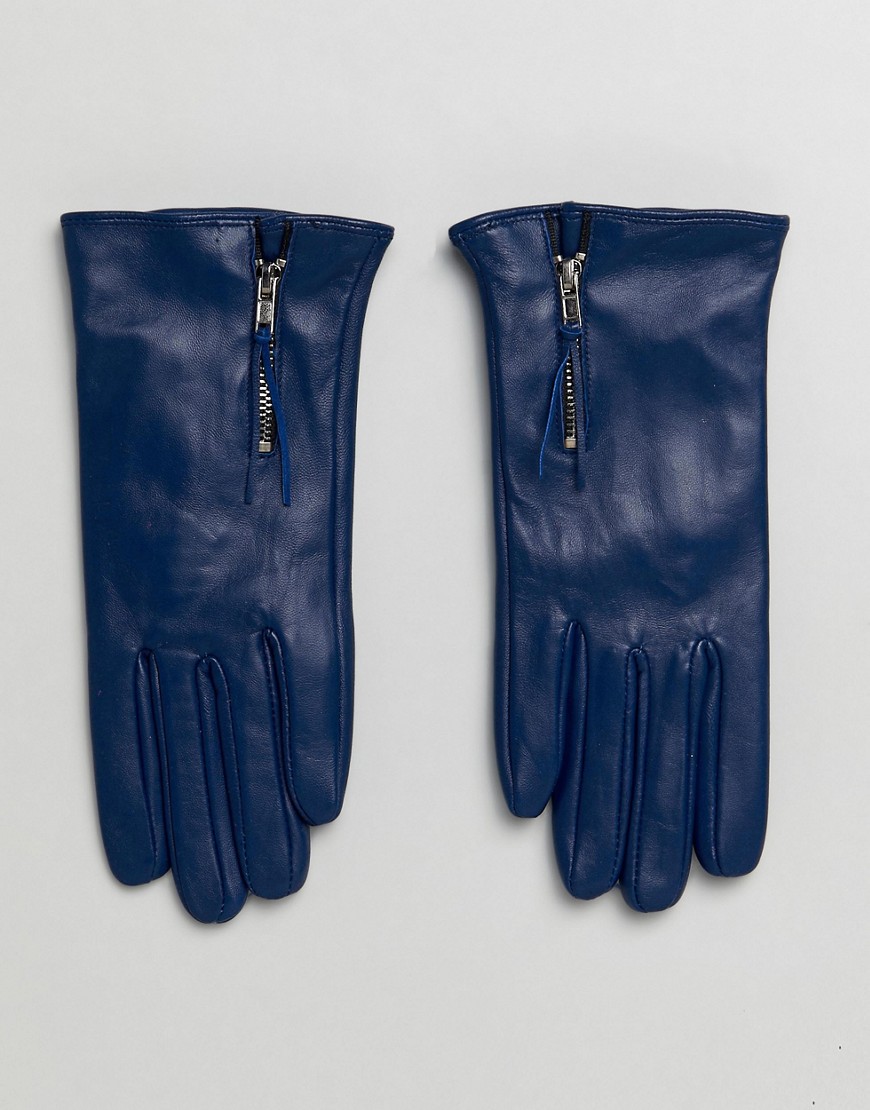 Barney's Originals Real Leather Gloves With Zip Detail - Navy