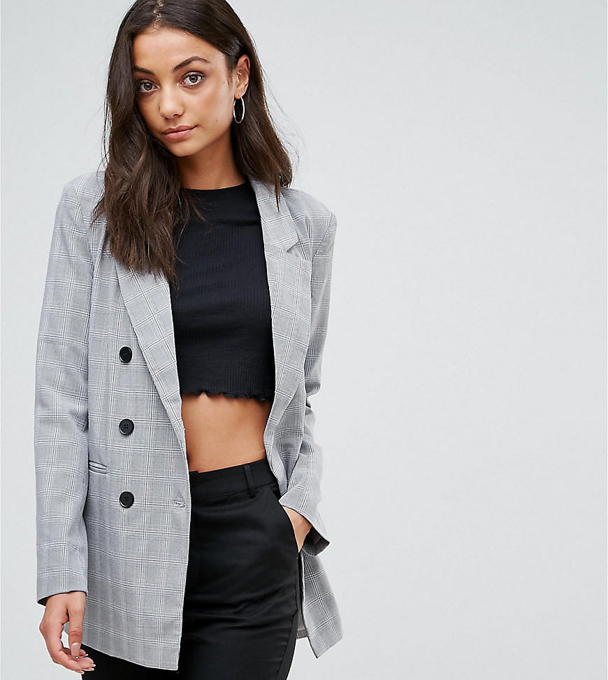 Fashion Union Tall Double Breasted Blazer In Check - Grey check