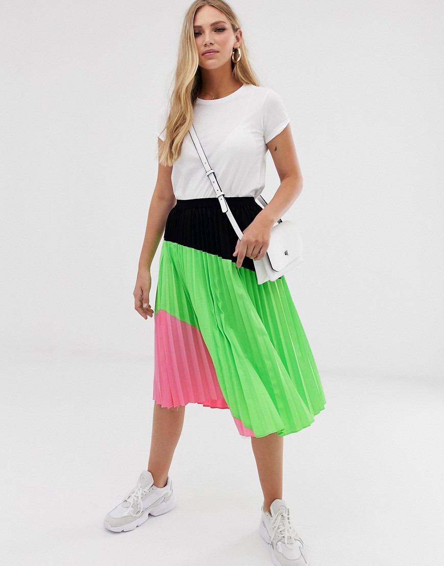 Liquorish pleated midi skirt in neon colourblock