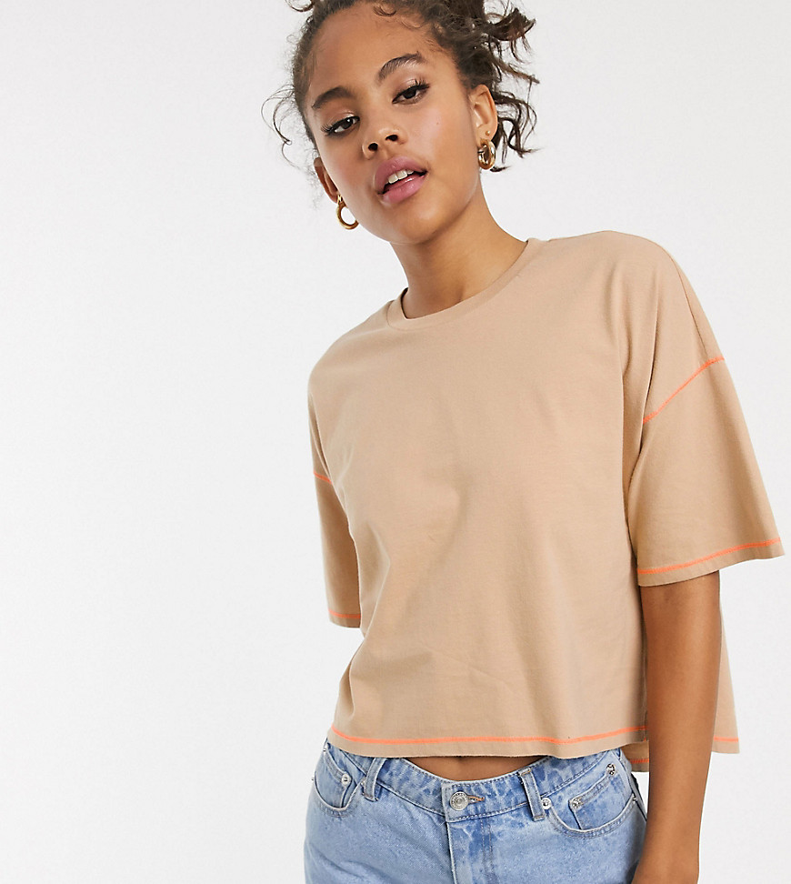 ASOS DESIGN Tall oversized cropped t-shirt stepped hem in beige with contrast stitching
