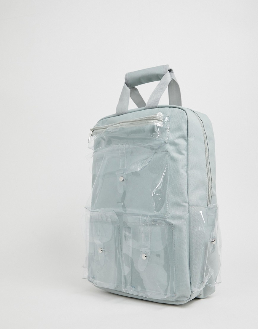 SVNX grey backpack with clear plastic pockets