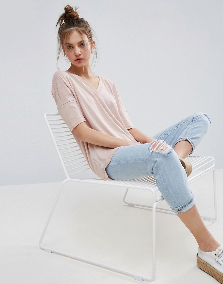 ASOS Oversized T-Shirt with V Neck and Dip Back in Rib - Nude pink