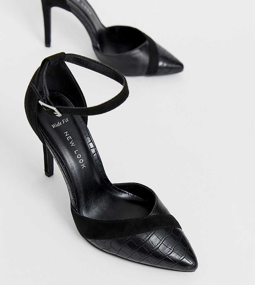 New Look Wide Fit croc mix point heel in black