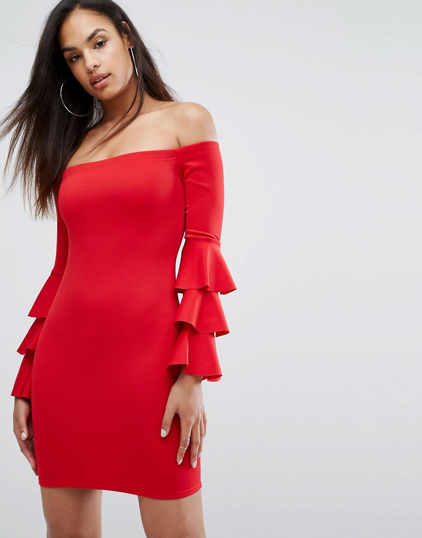 Club L Bardot Mini Dress With Exaggerated Layered Sleeve Detail - Red