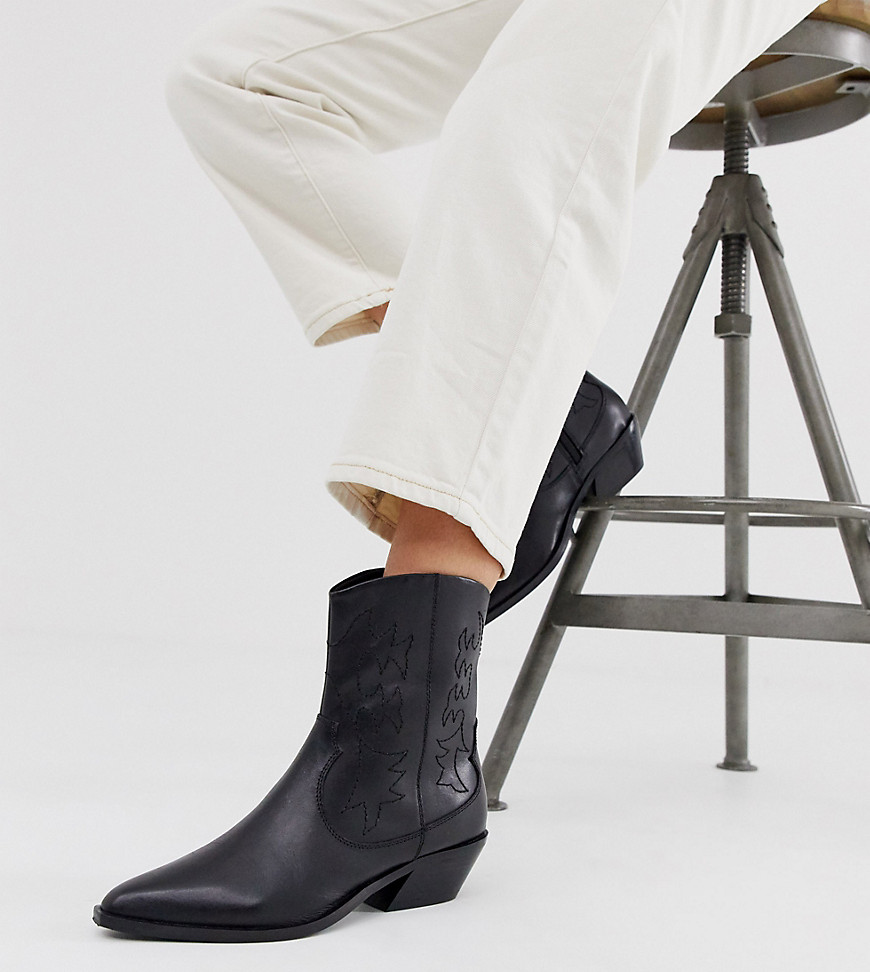 Asos Design Wide Fit Autumnal Leather Cowboy Boots In Black