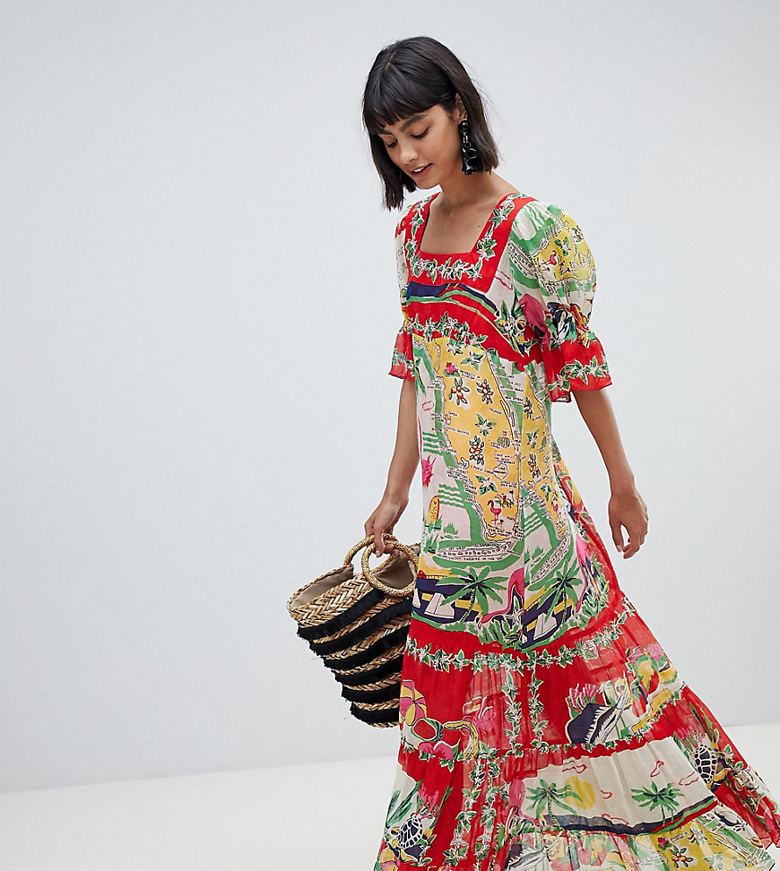 Anna Sui Exclusive Maxi Dress in Florida Sunshine Print - Rouge multi