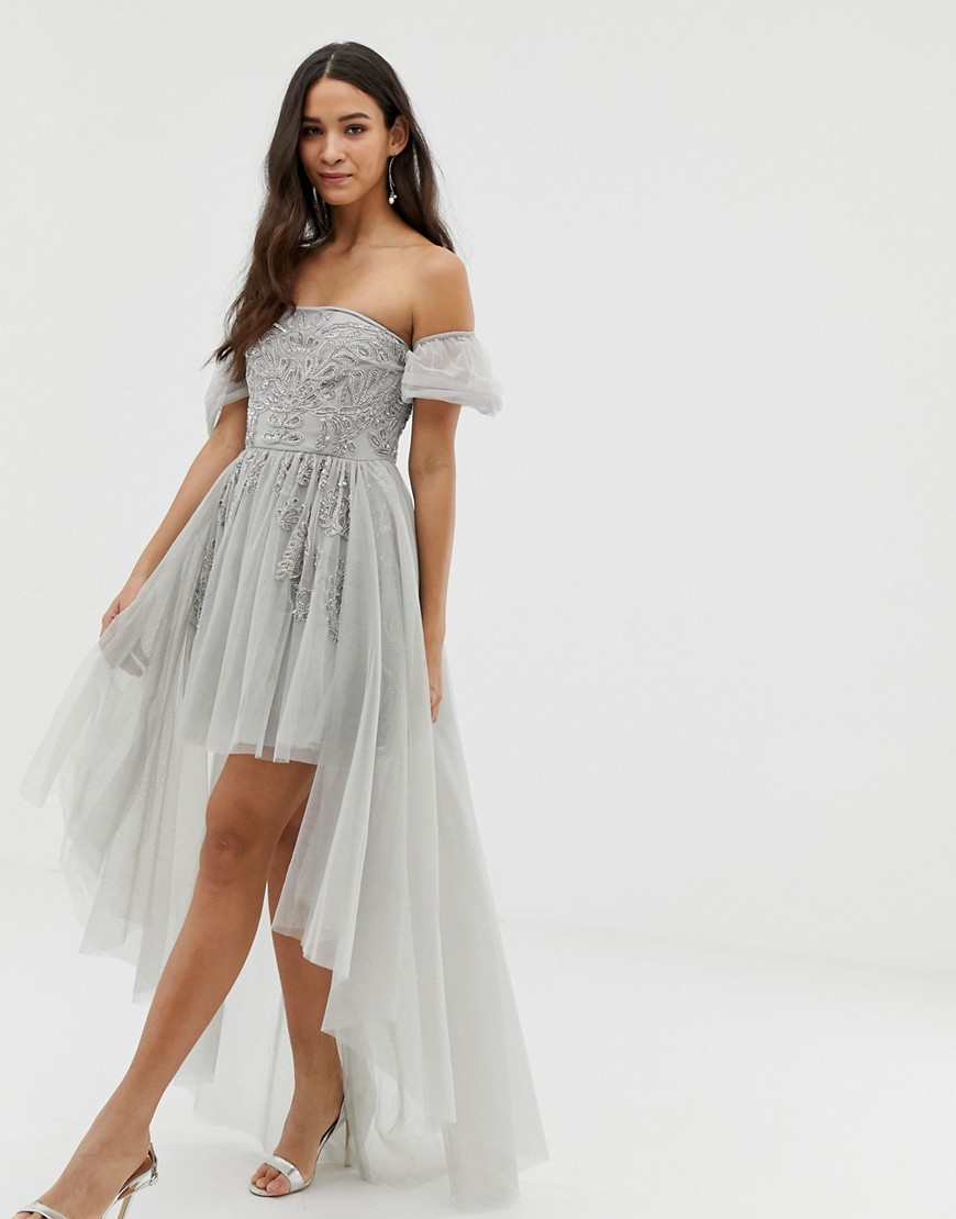 Dolly & Delicious off shoulder mini embellished prom dress with train detail in grey