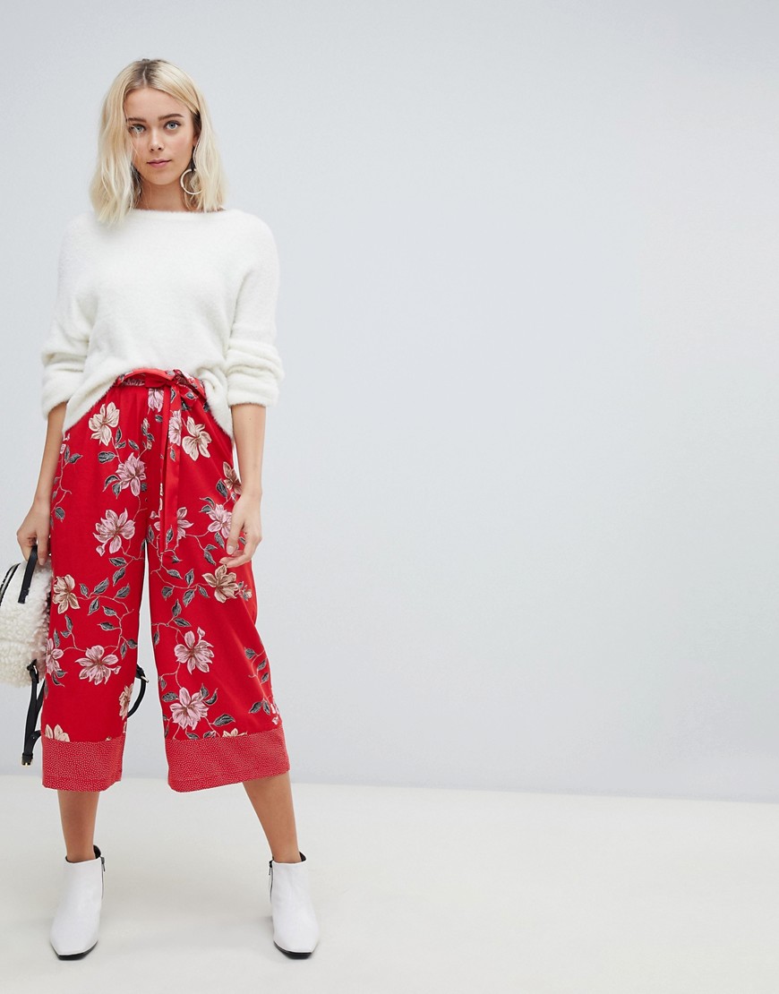 Influence wide leg floral and polka dot trousers with tie waist