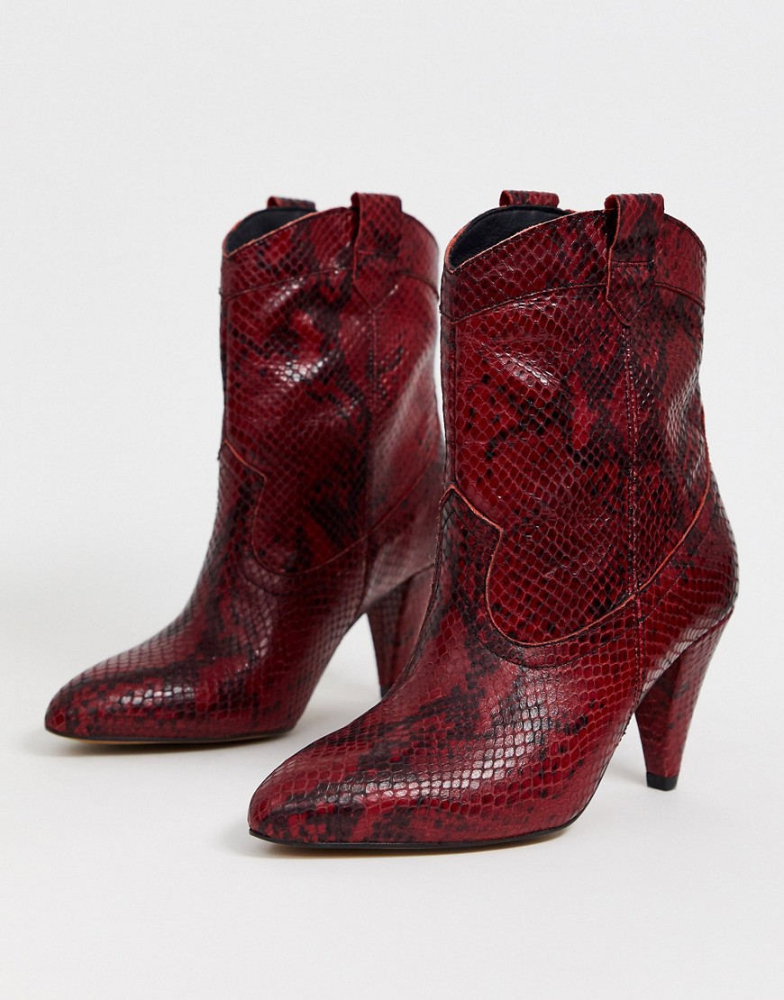 ASOS DESIGN Ranch leather western pull on boots in red snake